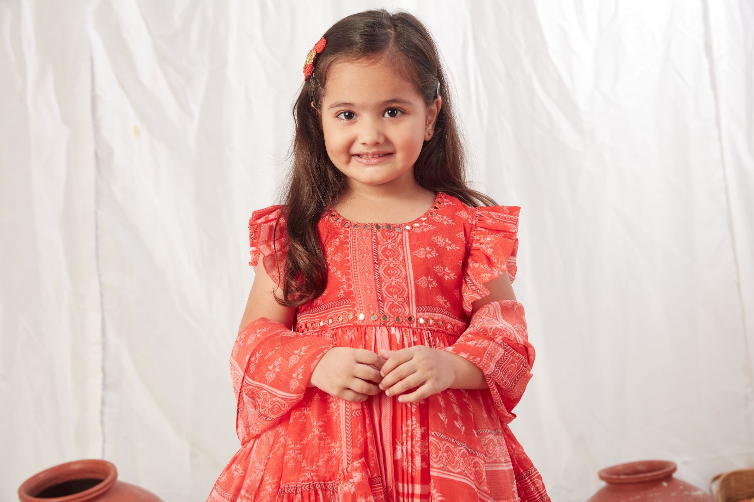 Red Block Print Peplum And Lehenga With Dupatta