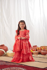 Red Block Print Peplum And Lehenga With Dupatta