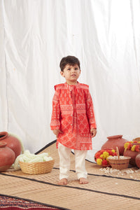 Red Block Print Kurta With Bandi Set