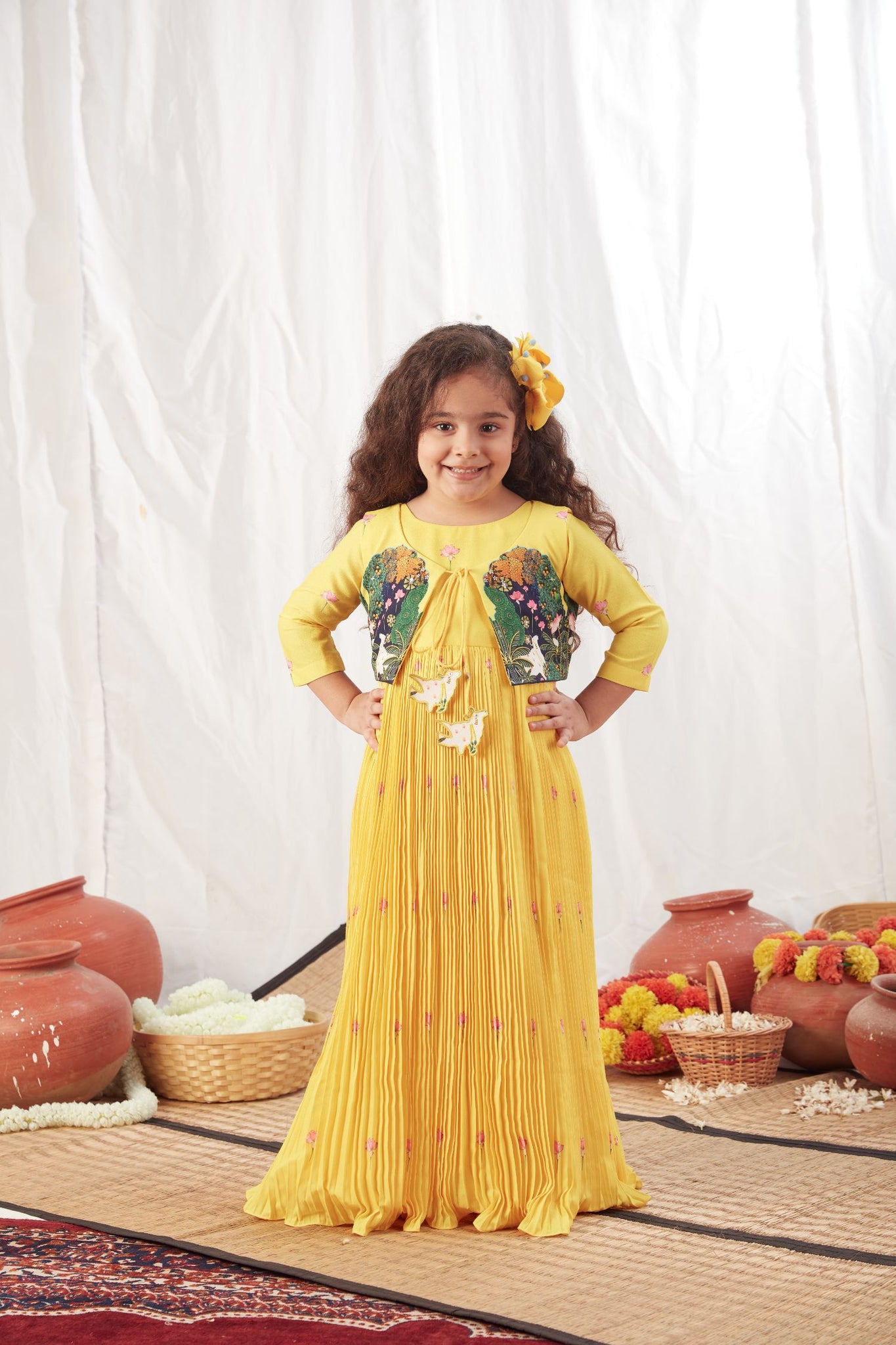 Yellow Pichwai Long Pleated Dress