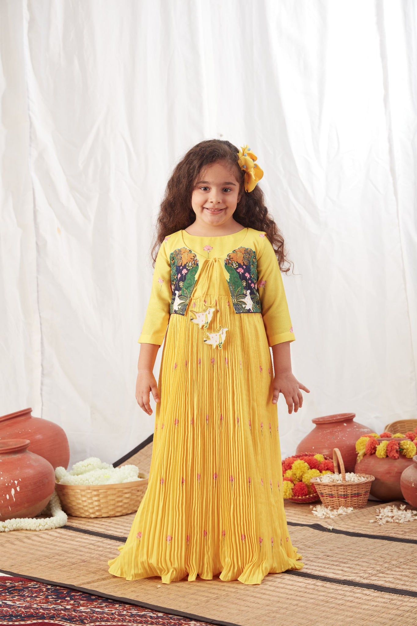 Yellow Pichwai Long Pleated Dress