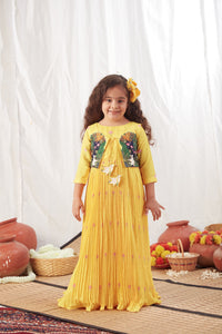 Yellow Pichwai Long Pleated Dress