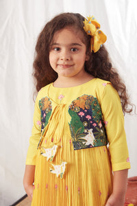 Yellow Pichwai Long Pleated Dress