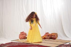 Yellow Pichwai Long Pleated Dress