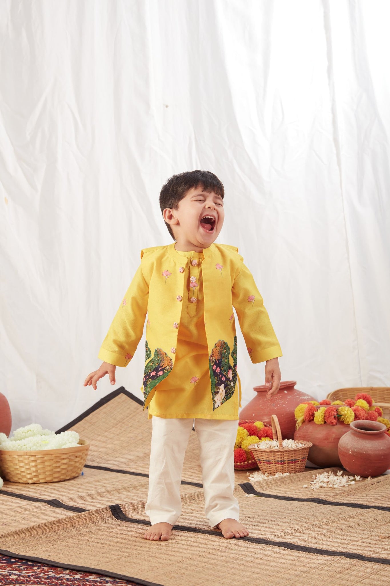 Yellow Pichwai Kurta Bandi Set With Pyjama