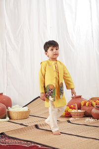 Yellow Pichwai Kurta Bandi Set With Pyjama