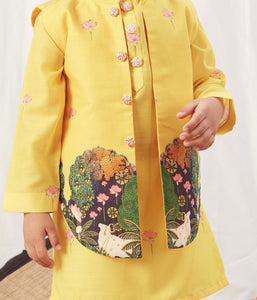 Yellow Pichwai Kurta Bandi Set With Pyjama