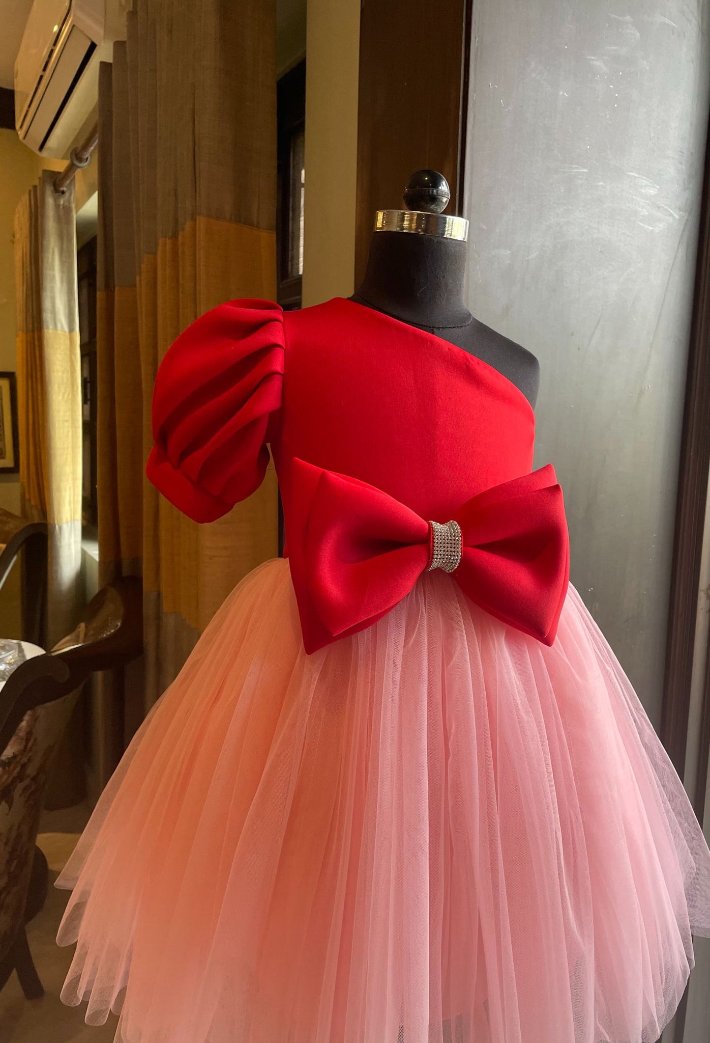 Red Baby Pink Box Sleeve Double Bow Dress