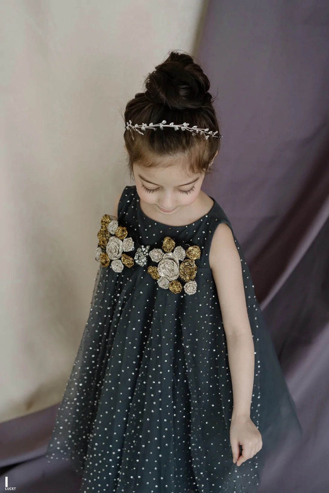 Hand Embroidered Metallic Bow Charcoal Black Dress