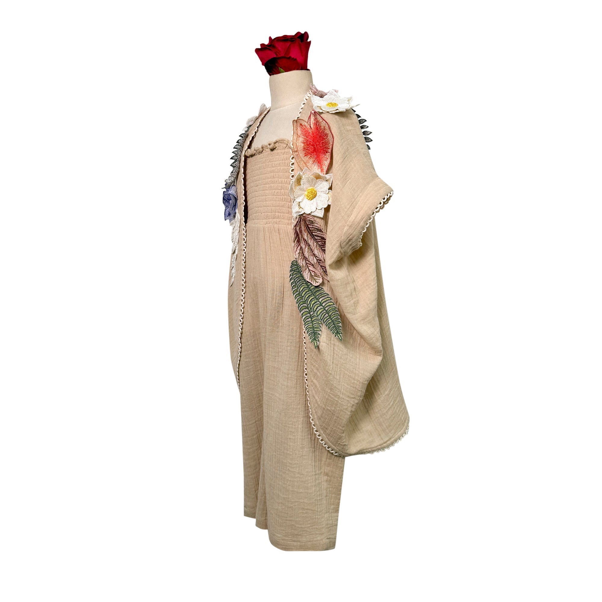 Cotton Jumpsuit with Floral Applique Cape