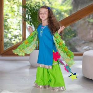 Marigold Sharara Set with Printed Dupatta - Blue Green And Lime Green Coneflower