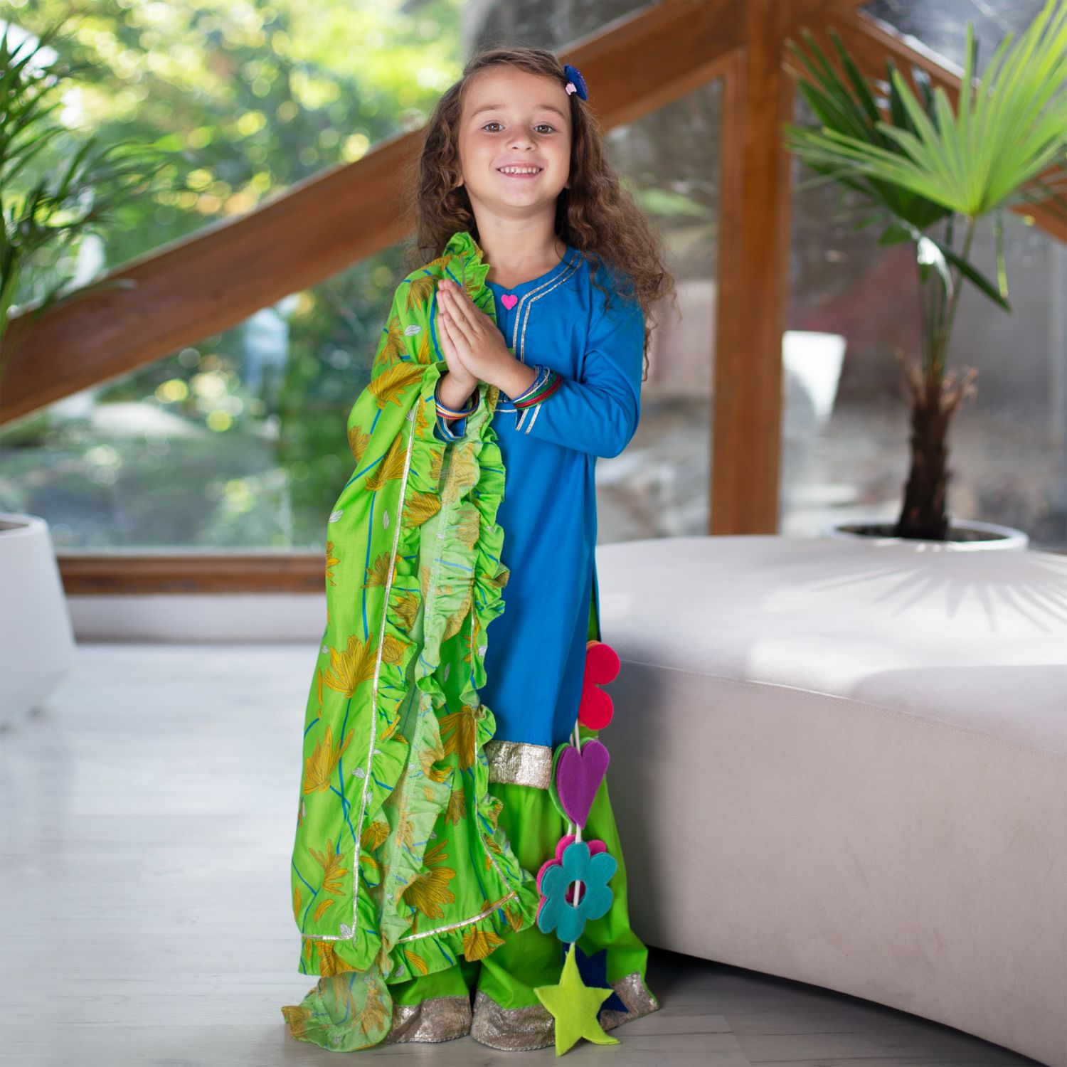 Marigold Sharara Set with Printed Dupatta - Blue Green And Lime Green Coneflower