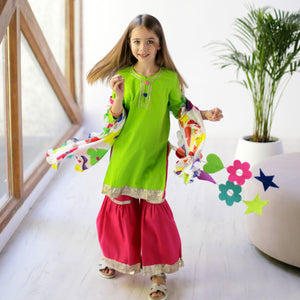 Marigold Sharara Set with Printed Dupatta - Green Pink And Multi-Coloured Lily