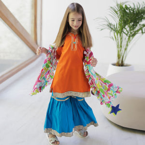 Marigold Sharara Set with Printed Dupatta - Orange Blue And Lime Green Swirls