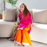 Marigold Sharara Set with Printed Dupatta - Pink Orange And Multi-Coloured Splashes