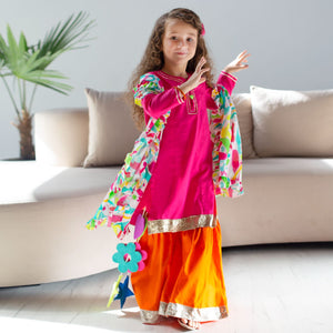 Marigold Sharara Set with Printed Dupatta - Pink Orange And Multi-Coloured Splashes