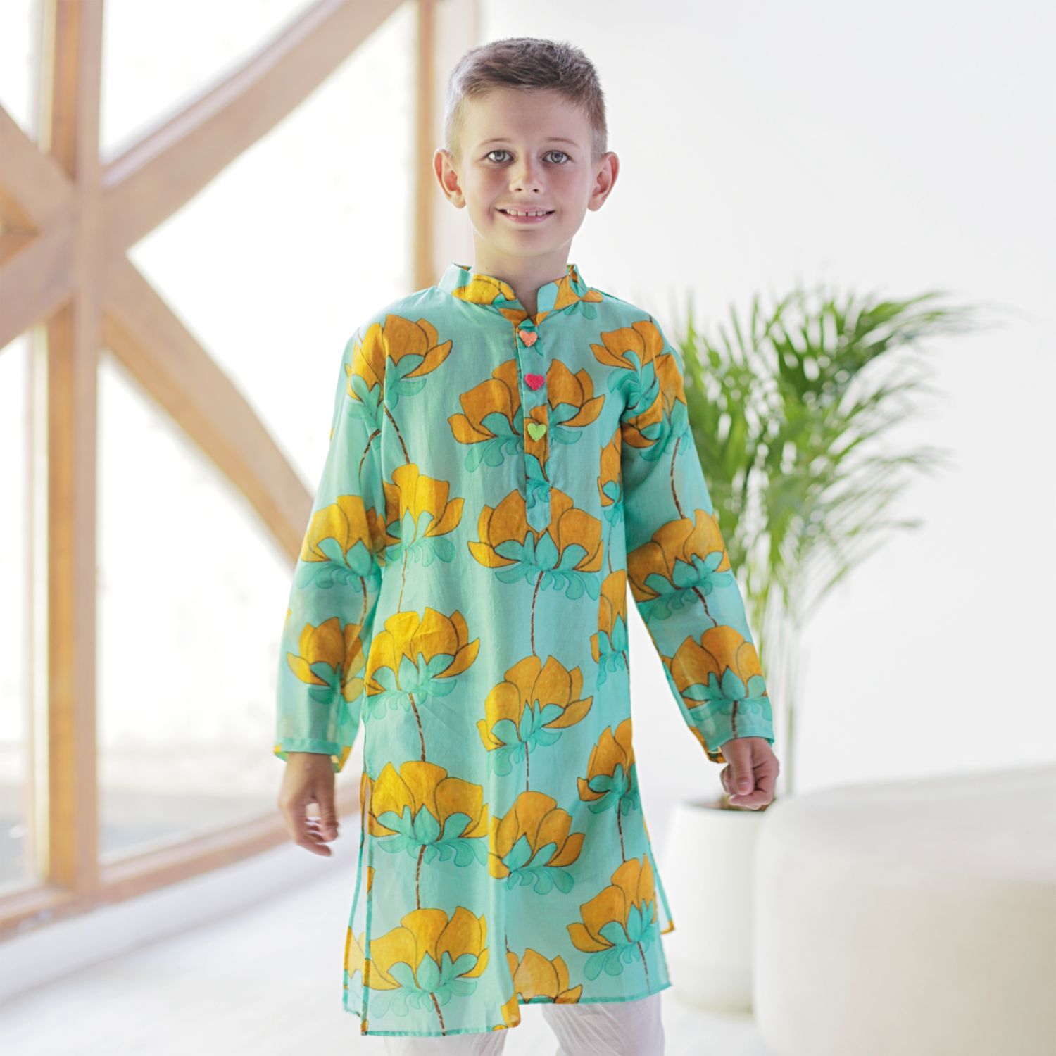 Imperial Kurta and Pajama Set - Turquoise And Mustard Lotus