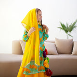 Gulaabo Lehenga with Puffy Sleeves - Turquoise And Mustard Lotus With Yellow