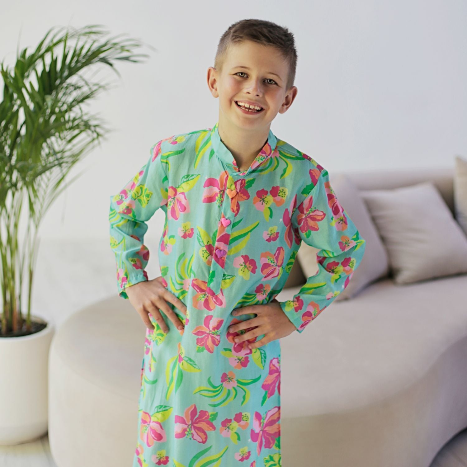 Imperial Kurta and Pajama Set - Turquoise Neon And Pink Hibiscus