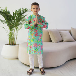 Imperial Kurta and Pajama Set - Turquoise Neon And Pink Hibiscus