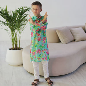 Imperial Kurta and Pajama Set - Turquoise Neon And Pink Hibiscus