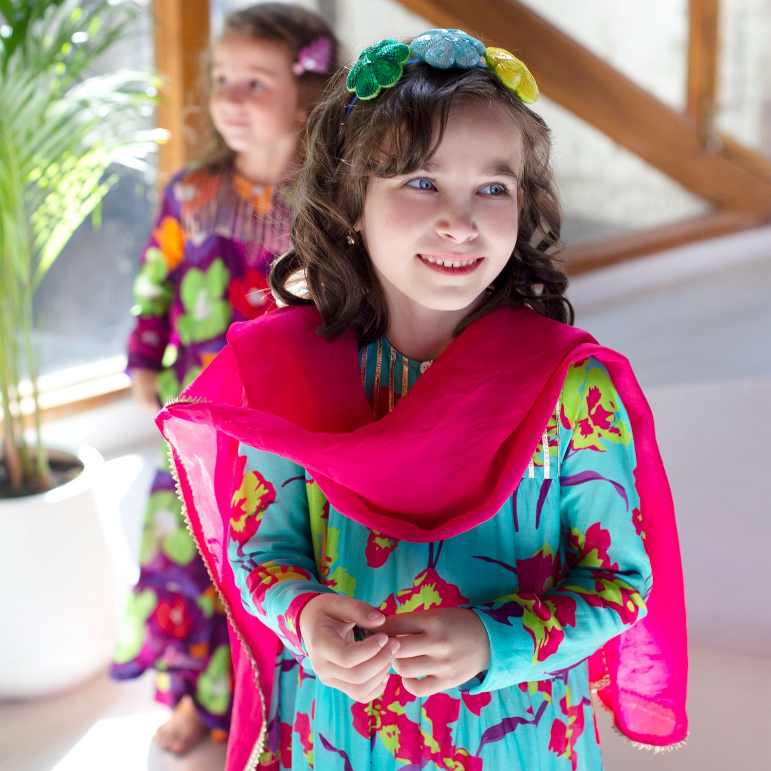 Chaandani Tiered Anarkali With Plain Dupatta - Turquoise And Pink Petunia With Pink