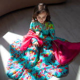 Chaandani Tiered Anarkali With Plain Dupatta - Turquoise And Pink Petunia With Pink