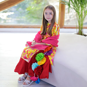 Gulaabo Lehenga with Puffy Sleeves - Yellow Orange Splashes With Red