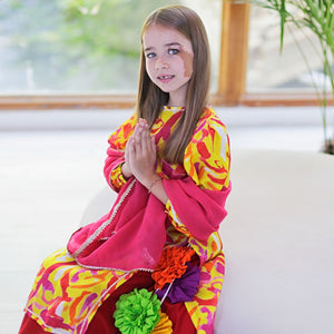 Gulaabo Lehenga with Puffy Sleeves - Yellow Orange Splashes With Red