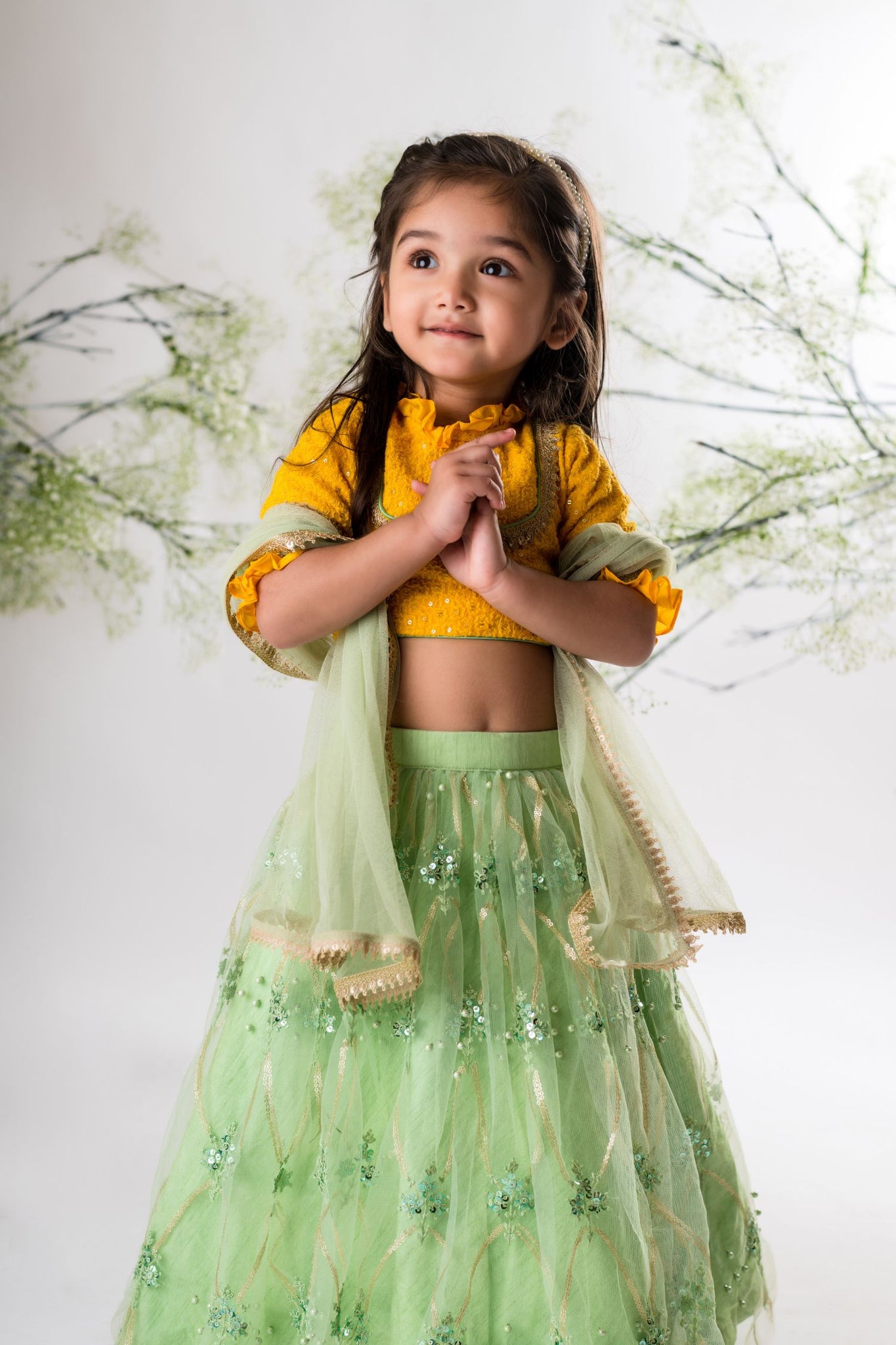 Yellow Chikankari Blouse With Green Heavy Lehenga Set