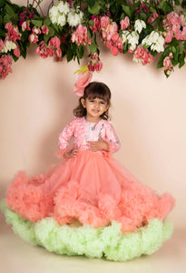 3d Flower Peach Green Ruffled Gown