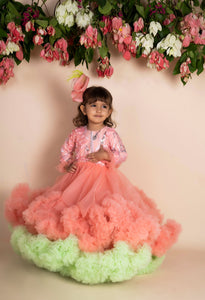 3d Flower Peach Green Ruffled Gown