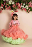 3d Flower Peach Green Ruffled Gown