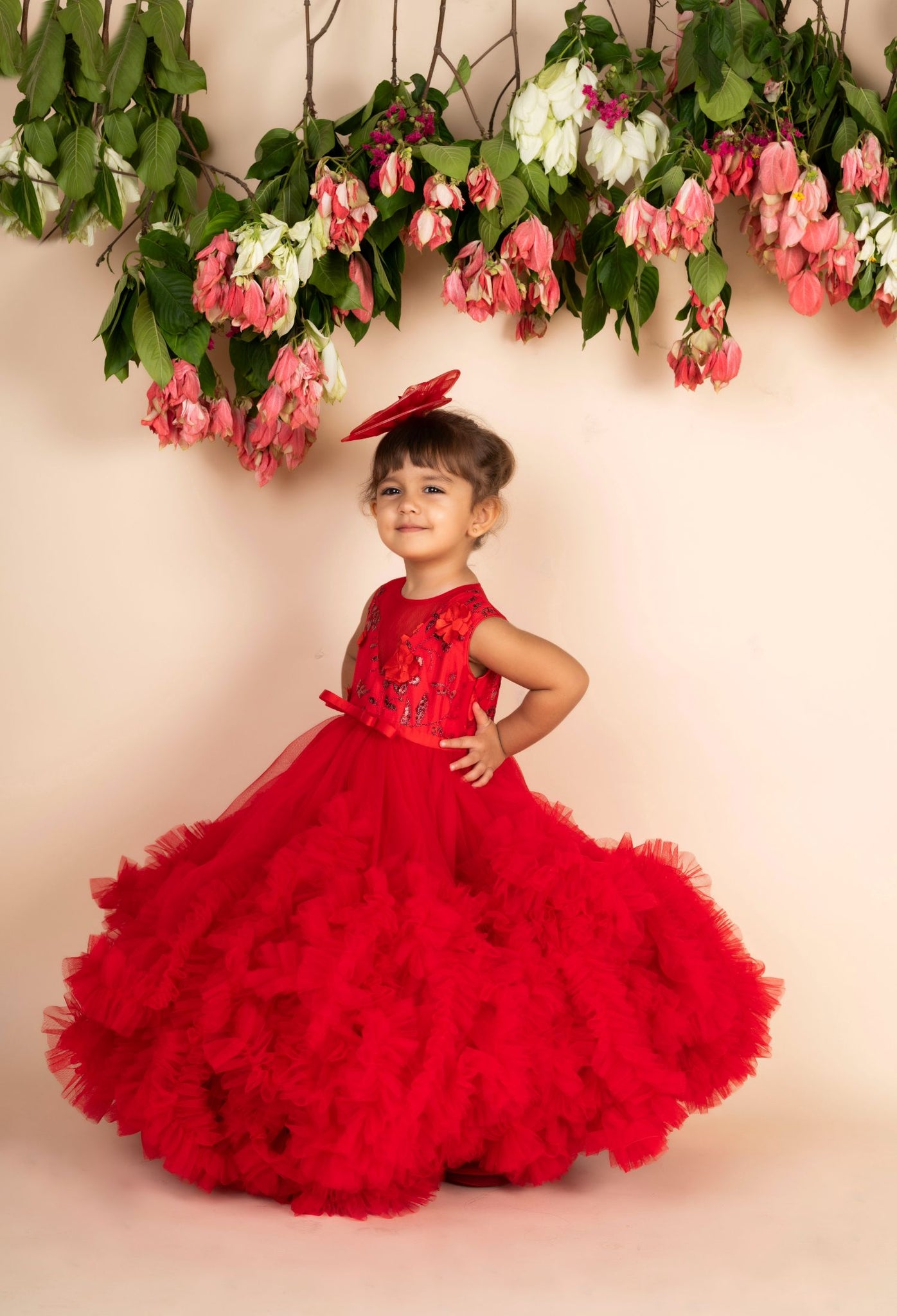 Red 3d Flower Ruffled Gown