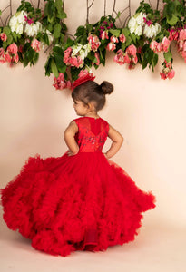 Red 3d Flower Ruffled Gown