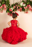 Red 3d Flower Ruffled Gown