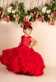 Red 3d Flower Ruffled Gown