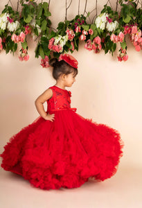 Red 3d Flower Ruffled Gown