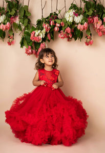 Red 3d Flower Ruffled Gown