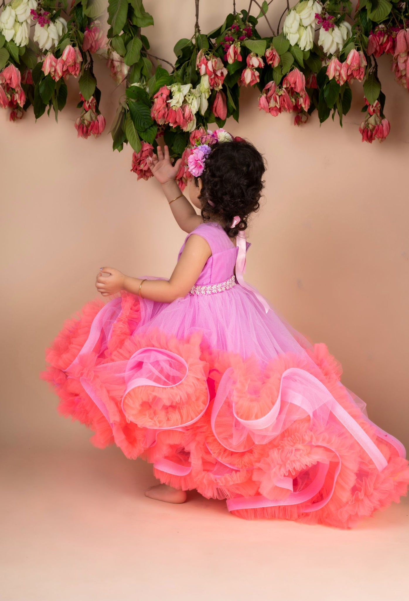 Levender Peach Ruffled High Low Gown