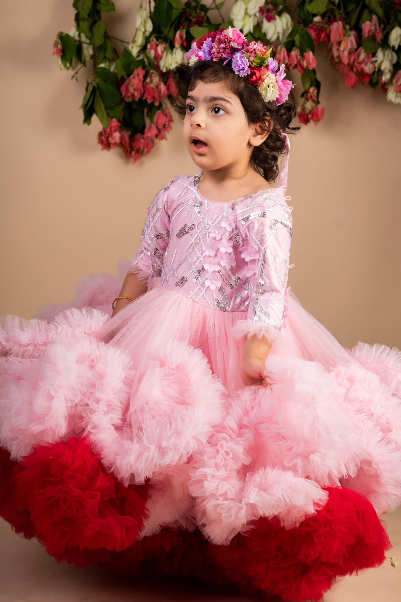 Pink Wine 3d Flower Ruffled Gown