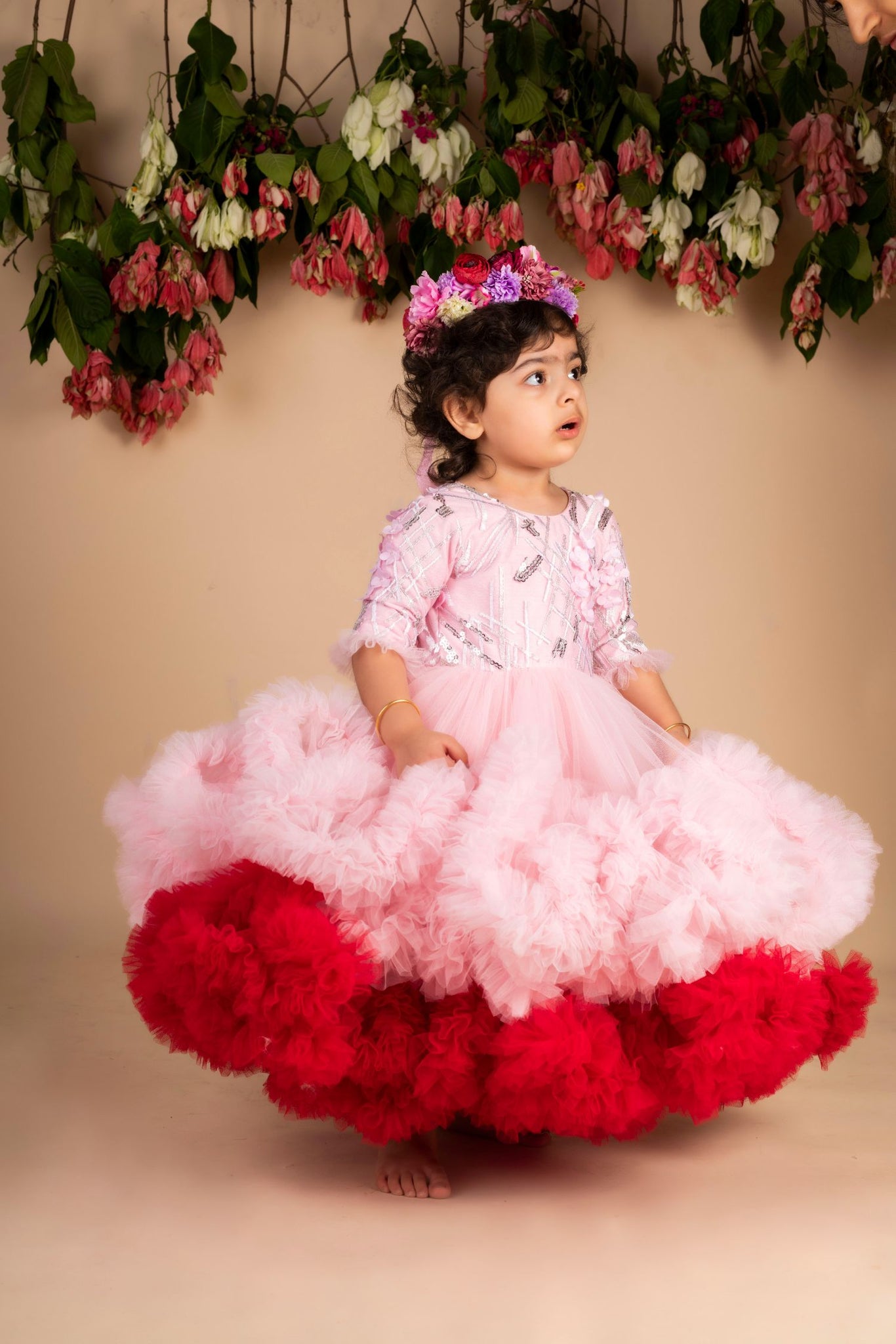 Pink Wine 3d Flower Ruffled Gown