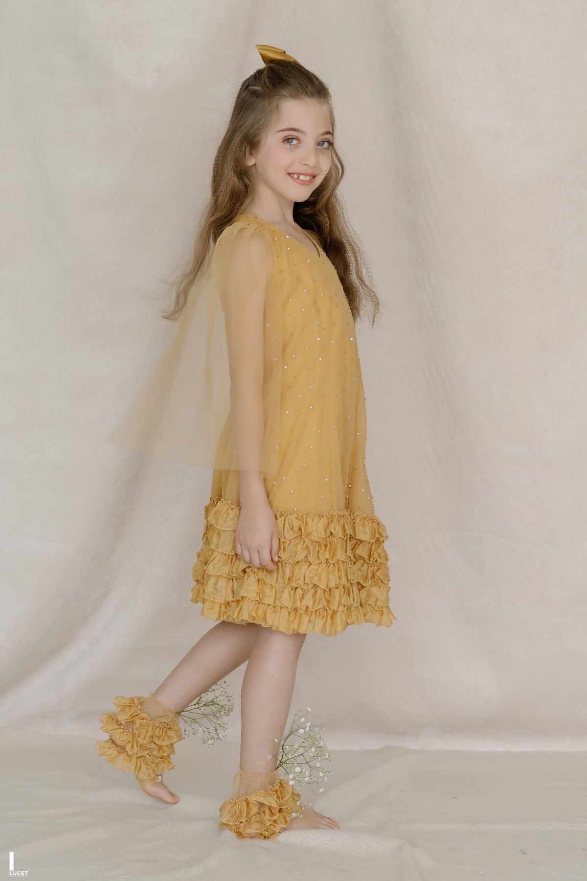 Hand Embroidered Cape Sleeves Frilled Hem A-Line Dress