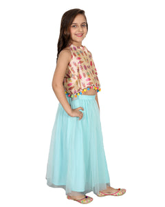 BLUE POM POM STYLE LEHENGA SET WITH PATCHES