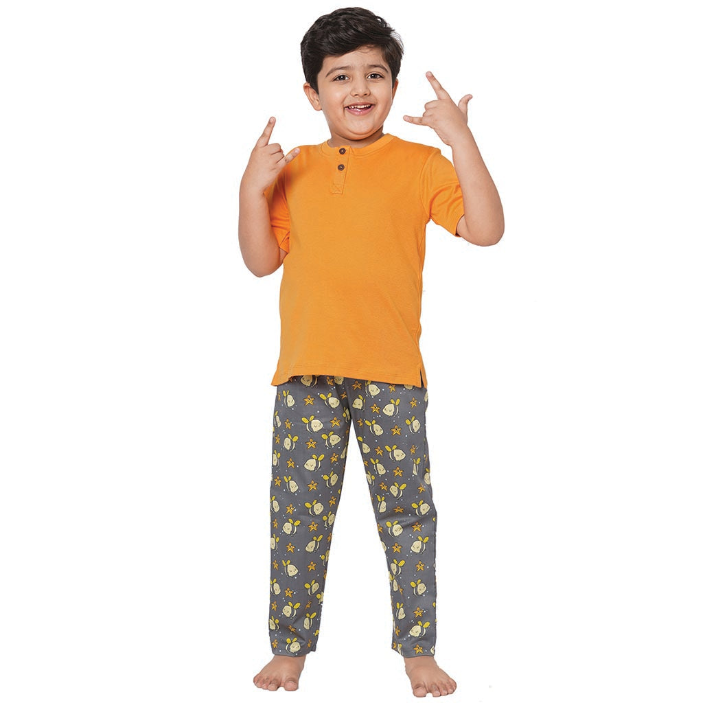 Orange Round Neck With Semi Placket T-shirt And Starfish Pyjama Set