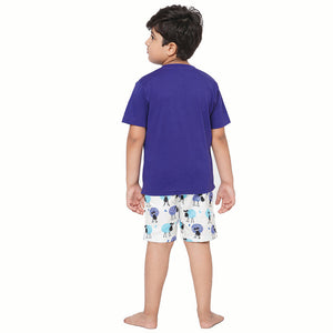 Sheep Blue Violet Round Neck With Placket Half Sleeves Shorts Set