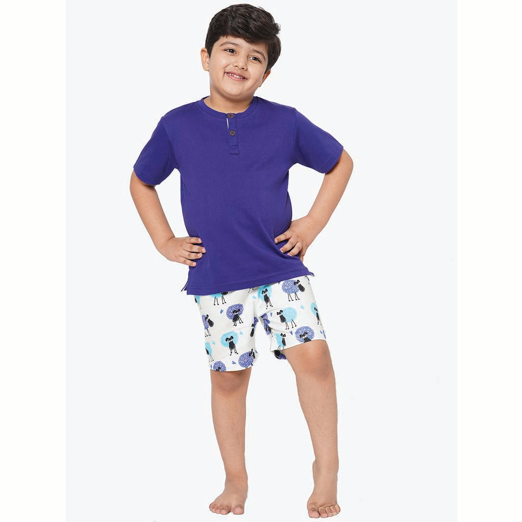 Sheep Blue Violet Round Neck With Placket Half Sleeves Shorts Set