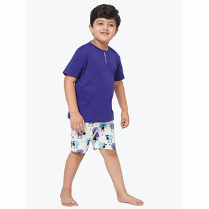 Sheep Blue Violet Round Neck With Placket Half Sleeves Shorts Set