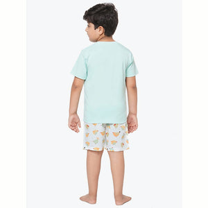 Bird Light Green Round Neck Half Sleeves Shorts Set