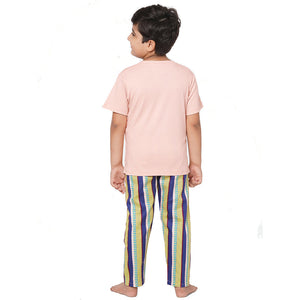 Peach Round Neck With Semi Placket T-shirt And Blue Stripes Printed Pyjama Set